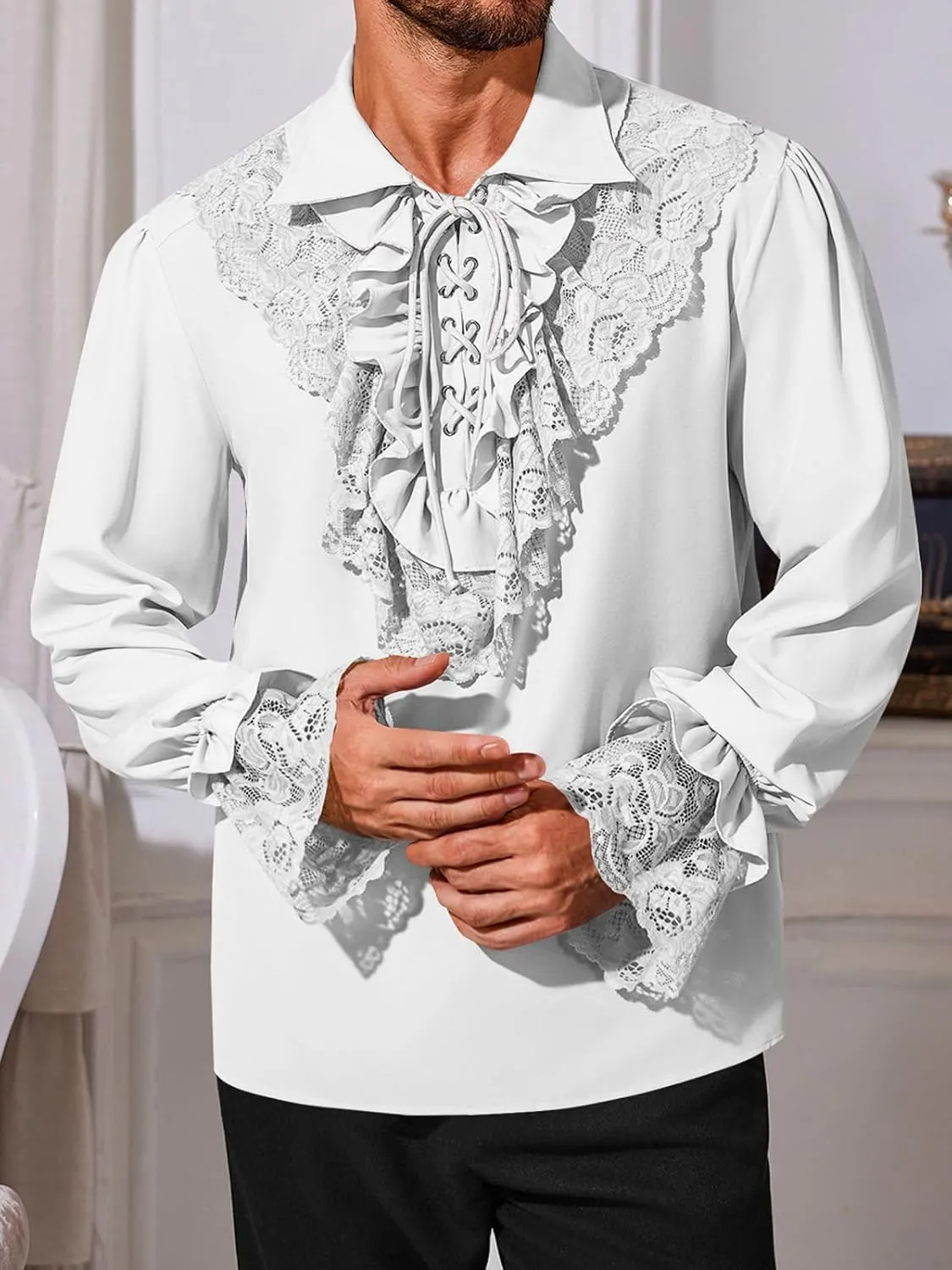 Runcati Mens Pirate Shirt Ruffle Renaissance Victorian Vampire Poet Shirts Steampunk Gothic Medieval Lace Costume