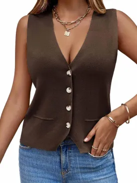 Saodimallsu Womens Sleeveless Sweater Vest Knit V Neck Button Fashion Casual Loose Spring Summer Waistcoat Cardigan