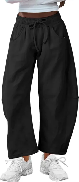 SeekMe Women's Barrel Leg Sweatpant Drawstring Elastic Waisted Wide Leg Pants Casual Cotton Palazzo Trousers with Pockets