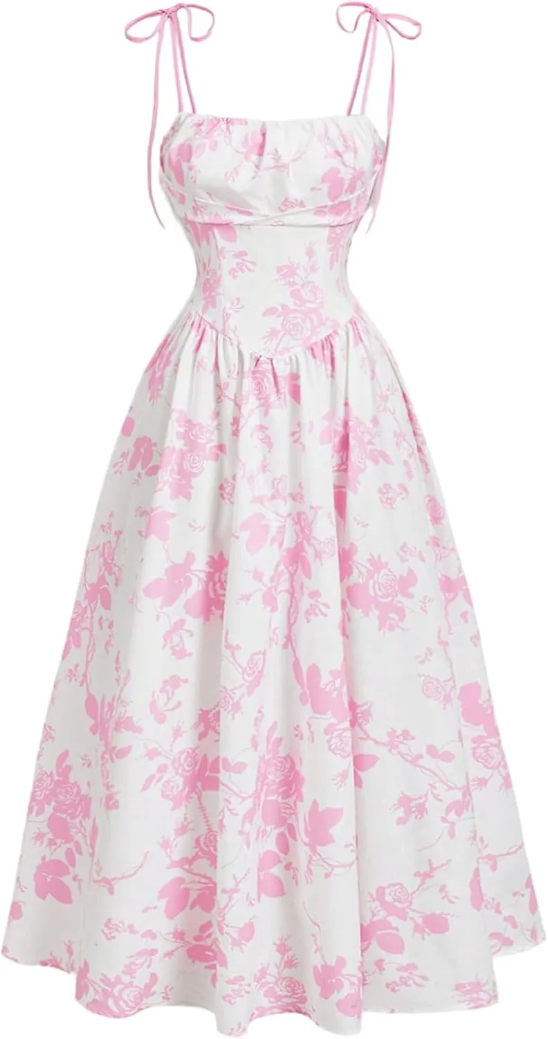 SHENHE Women's Floral Bustier Corset Dress Tie Shoulder Smocked Flowy Boho Long Dress Sundress