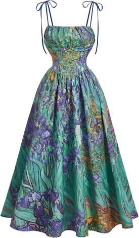 SHENHE Women's Floral Bustier Corset Dress Tie Shoulder Smocked Flowy Boho Long Dress Sundress