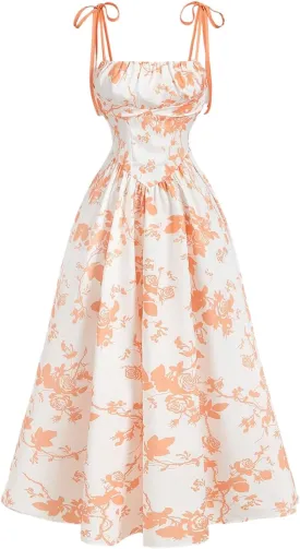 SHENHE Women's Floral Bustier Corset Dress Tie Shoulder Smocked Flowy Boho Long Dress Sundress