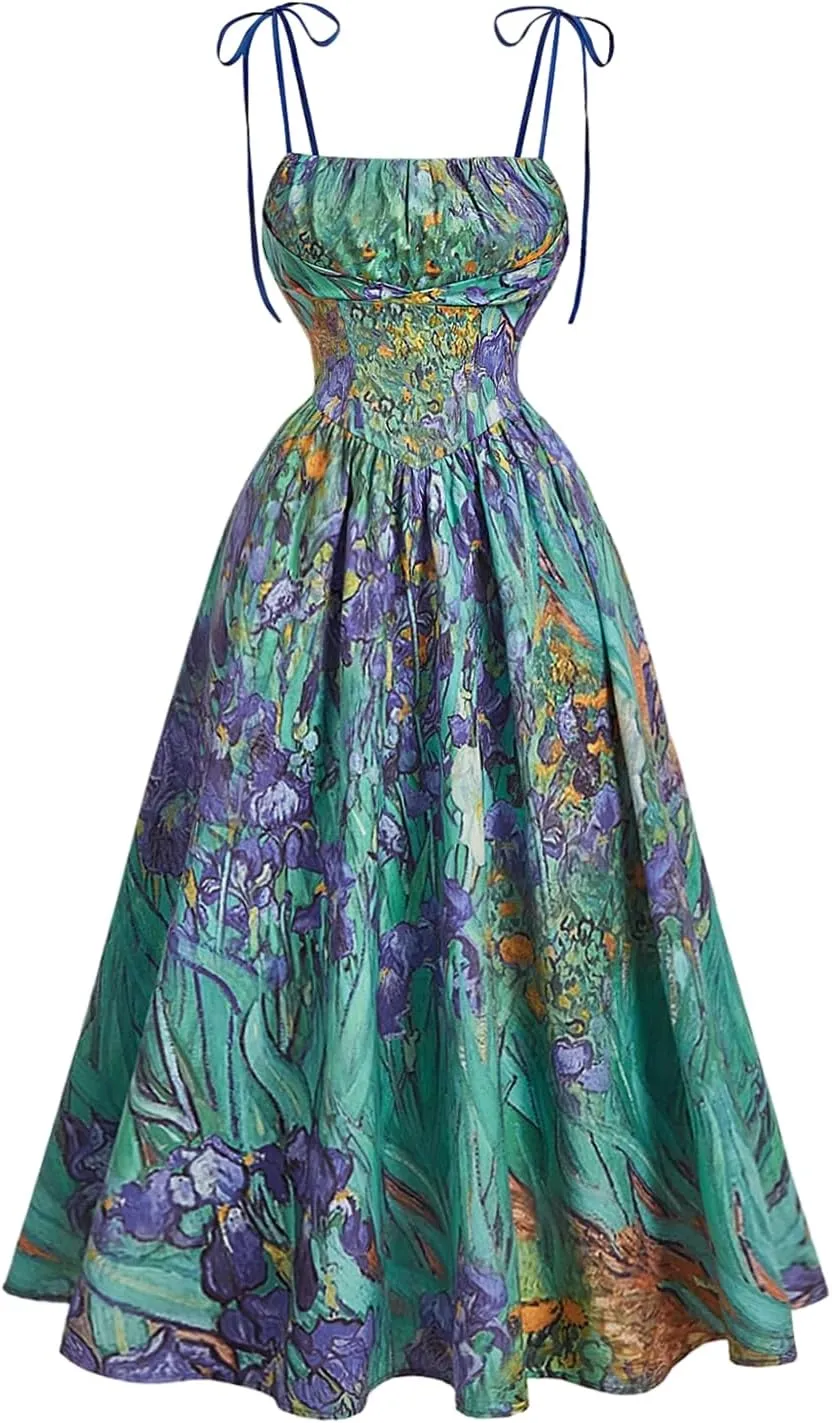 SHENHE Women's Floral Bustier Corset Dress Tie Shoulder Smocked Flowy Boho Long Dress Sundress