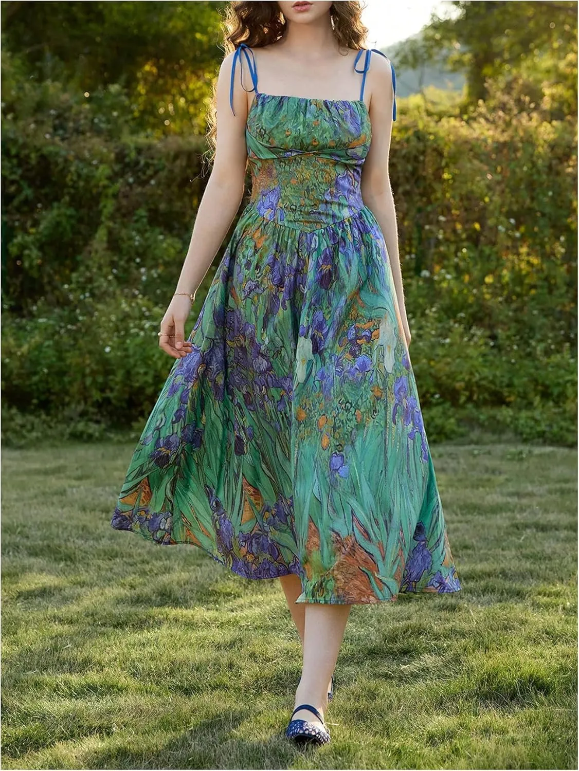 SHENHE Women's Floral Bustier Corset Dress Tie Shoulder Smocked Flowy Boho Long Dress Sundress