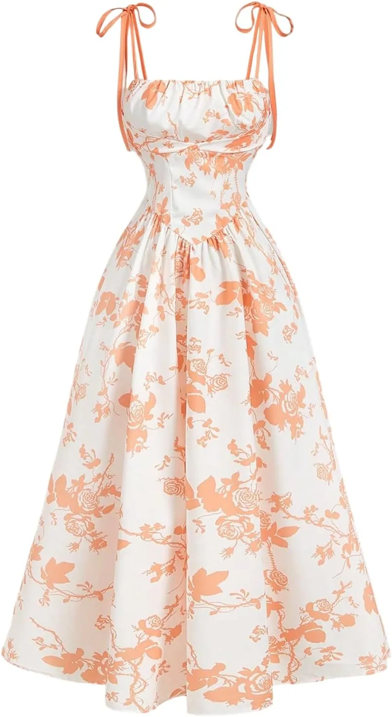SHENHE Women's Floral Bustier Corset Dress Tie Shoulder Smocked Flowy Boho Long Dress Sundress