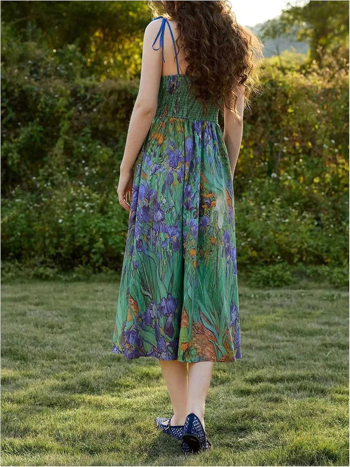 SHENHE Women's Floral Bustier Corset Dress Tie Shoulder Smocked Flowy Boho Long Dress Sundress