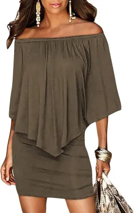 Sidefeel Women's Dresses Off Shoulder Ruffles Night Club Bodycon Mini Dress