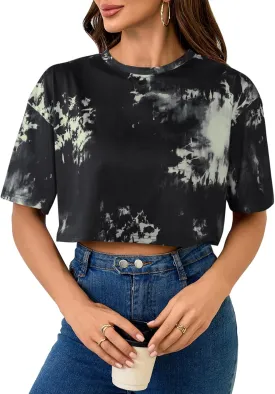 SOFIA'S CHOICE Tie Dye Crop Tops for Women Loose Fit Summer Short Sleeve T Shirt Boxy Cropped Tees
