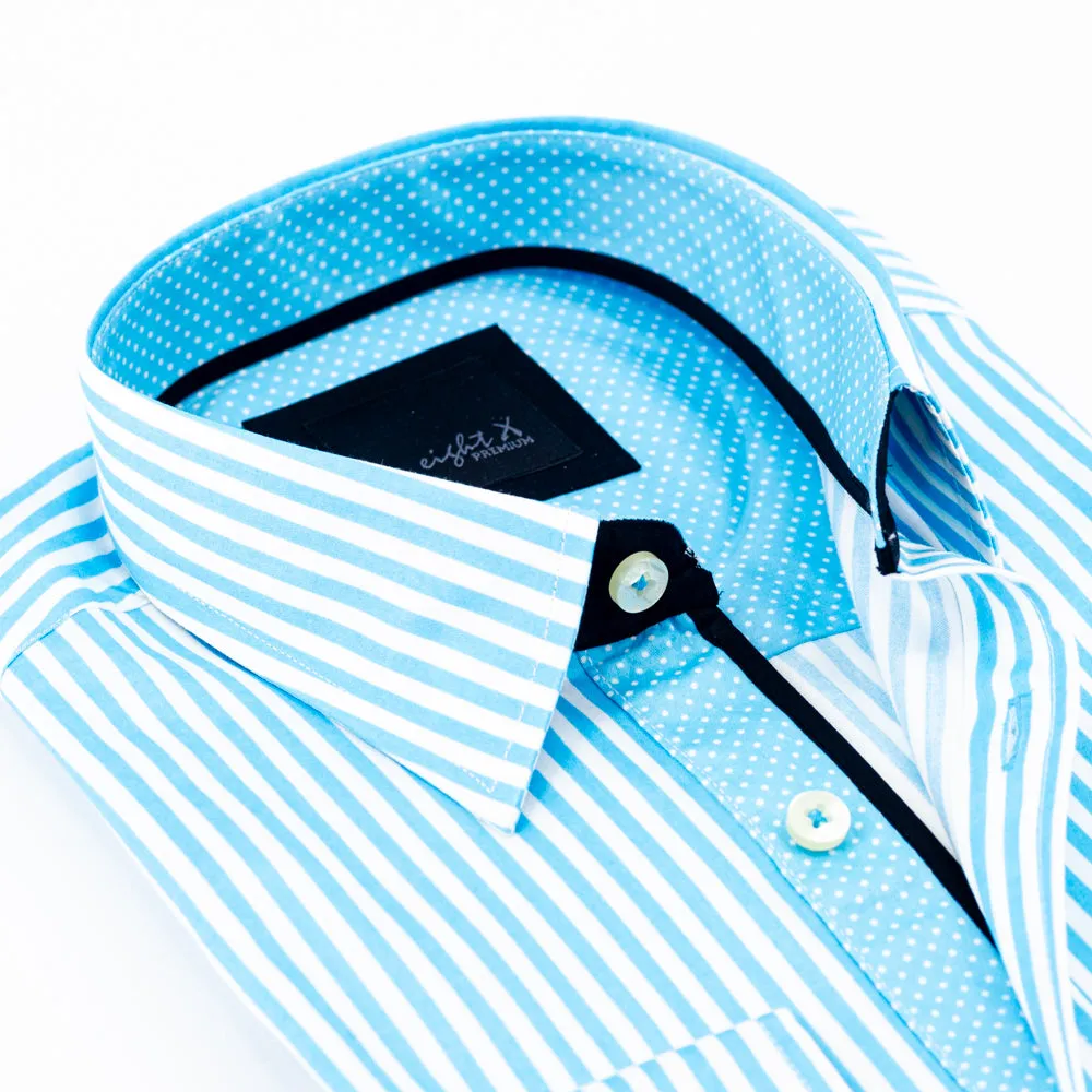 Striped Light Turquoise Button Down Shirt W/Accent Trim