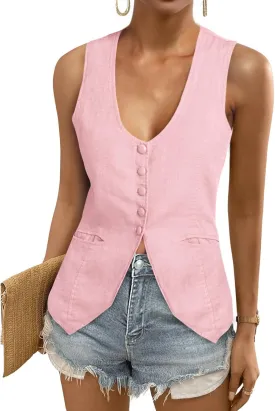 Tankaneo Womens Scoop Neck Blazer Vest Summer Linen Sleeveless Fitted Waistcoat Work Casual Cotton Suit Tops