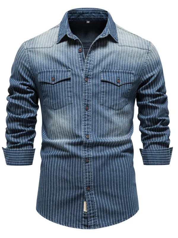 TEEK - Mens Heavy Washed Distressed Striped Denim Shirt