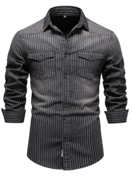 TEEK - Mens Heavy Washed Distressed Striped Denim Shirt