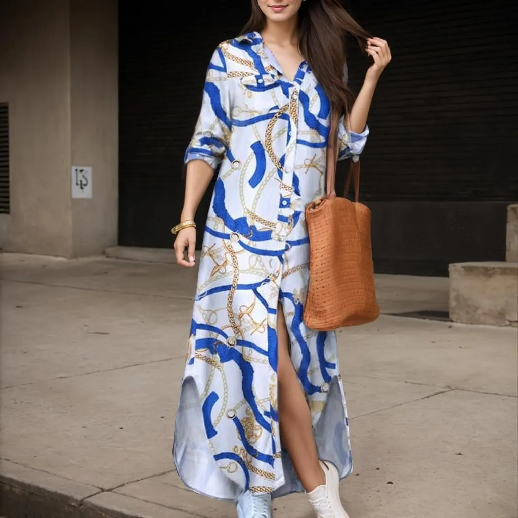 TIAFORD Womens Casual Graphic Long Sleeve Button Down Maxi Dress Side Slit Loose Fit Long Shirt Dresses with 2 Pockets