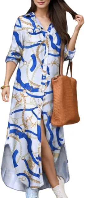 TIAFORD Womens Casual Graphic Long Sleeve Button Down Maxi Dress Side Slit Loose Fit Long Shirt Dresses with 2 Pockets
