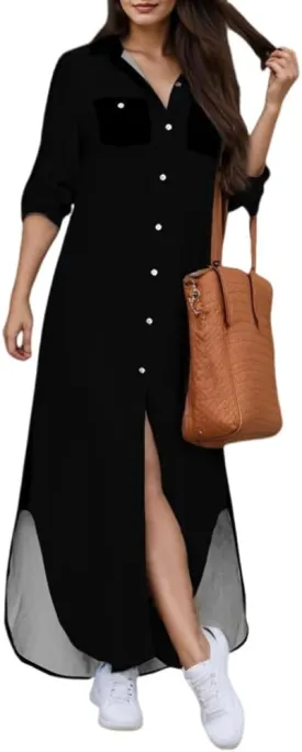 TIAFORD Womens Casual Graphic Long Sleeve Button Down Maxi Dress Side Slit Loose Fit Long Shirt Dresses with 2 Pockets
