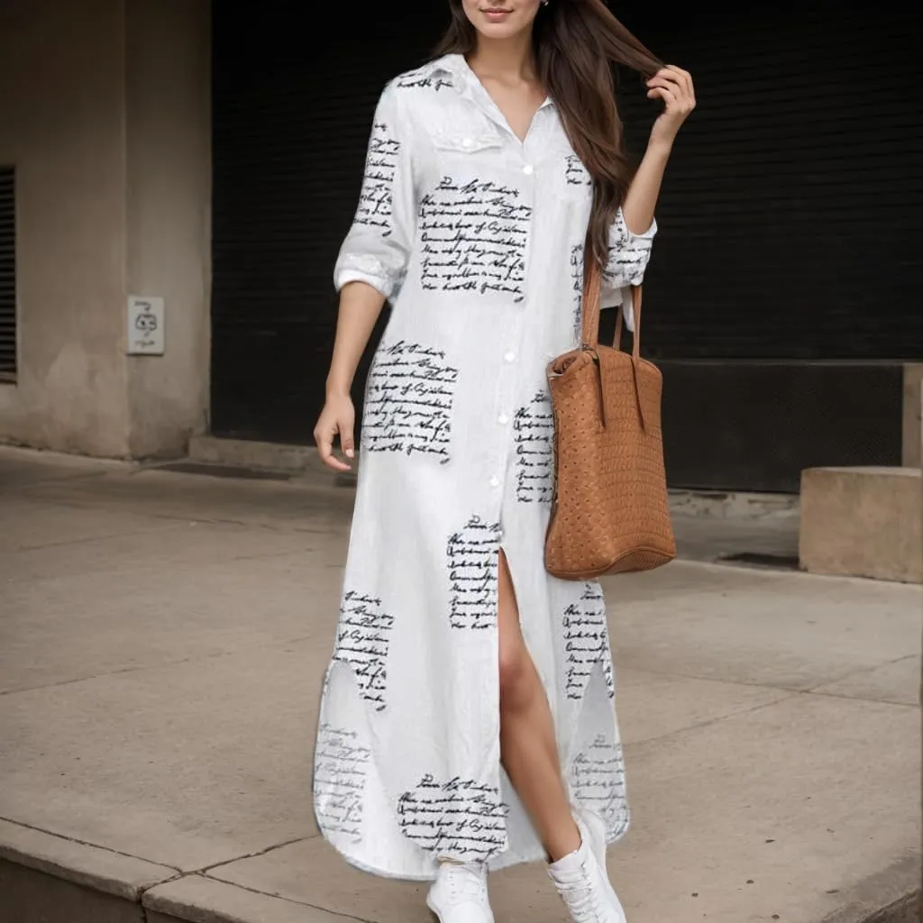 TIAFORD Womens Casual Graphic Long Sleeve Button Down Maxi Dress Side Slit Loose Fit Long Shirt Dresses with 2 Pockets