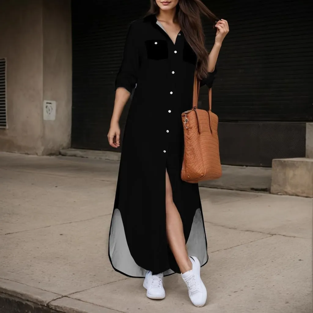 TIAFORD Womens Casual Graphic Long Sleeve Button Down Maxi Dress Side Slit Loose Fit Long Shirt Dresses with 2 Pockets
