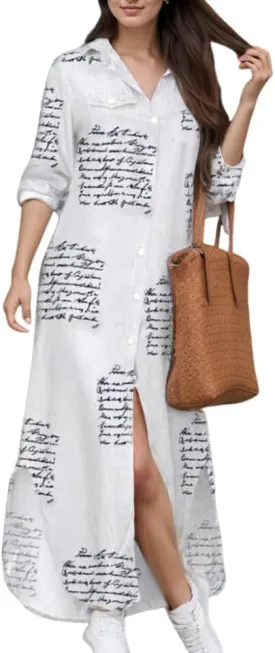 TIAFORD Womens Casual Graphic Long Sleeve Button Down Maxi Dress Side Slit Loose Fit Long Shirt Dresses with 2 Pockets