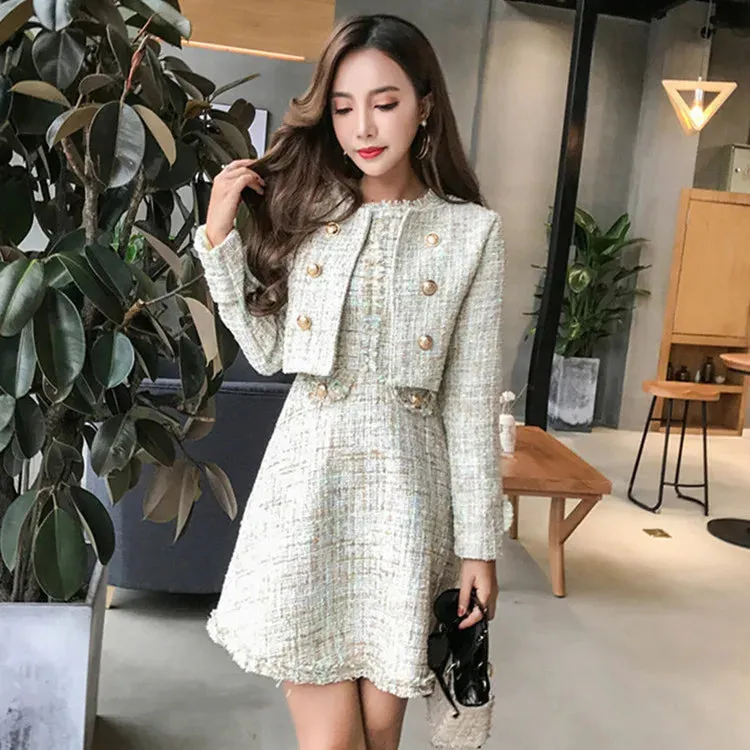 Tweed White Short Coat & Mini Tank Tassel Wool Suits