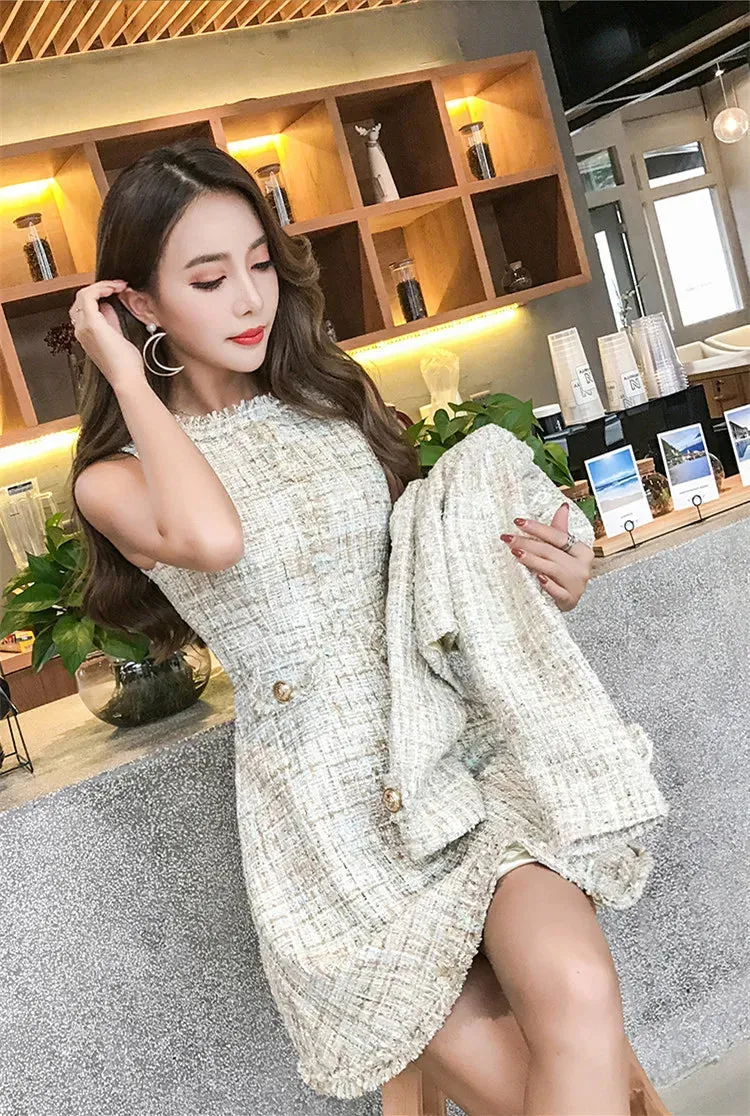 Tweed White Short Coat & Mini Tank Tassel Wool Suits