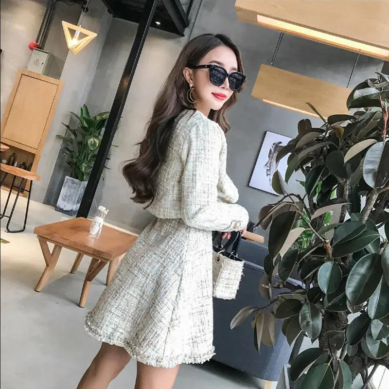 Tweed White Short Coat & Mini Tank Tassel Wool Suits