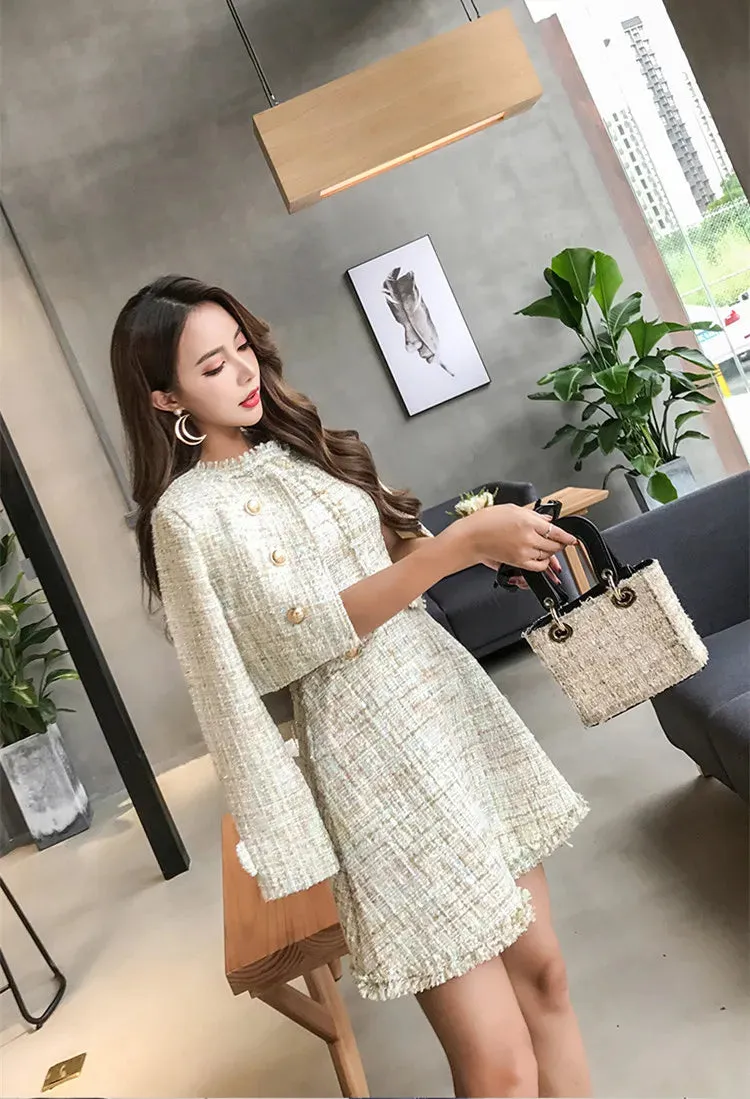 Tweed White Short Coat & Mini Tank Tassel Wool Suits