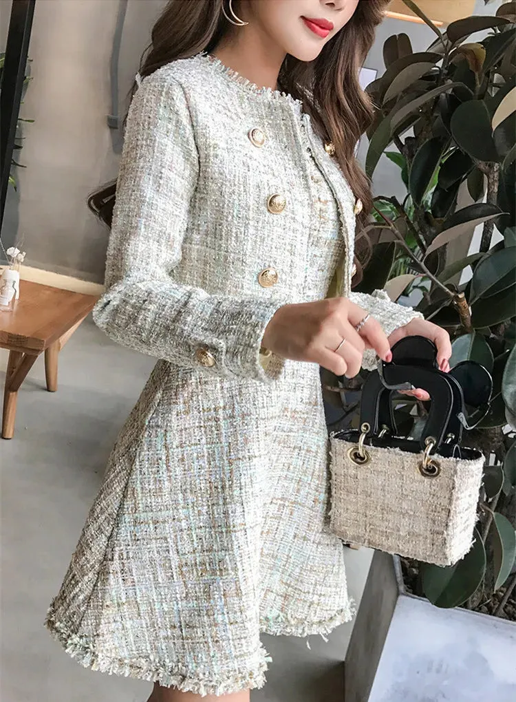 Tweed White Short Coat & Mini Tank Tassel Wool Suits