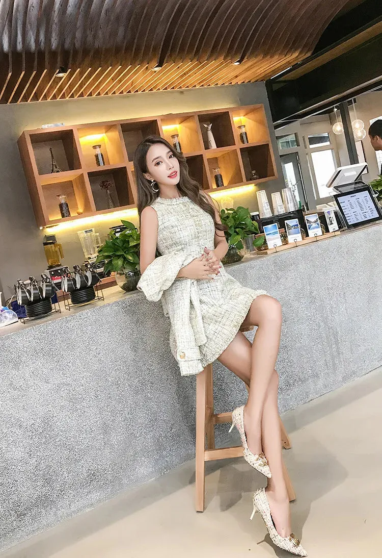 Tweed White Short Coat & Mini Tank Tassel Wool Suits