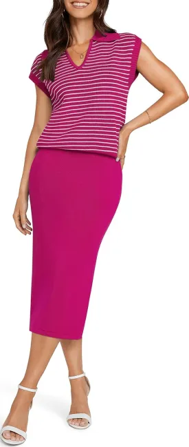 UEU Women's 2 Piece Outfits Sweater Skirt Sets 2025 Summer Trendy Casual Striped Vest Tops Tank Ribbed Knit Midi Dress