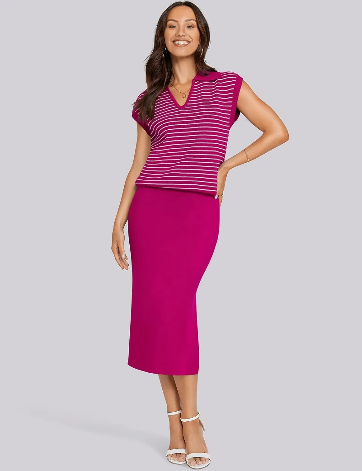 UEU Women's 2 Piece Outfits Sweater Skirt Sets 2025 Summer Trendy Casual Striped Vest Tops Tank Ribbed Knit Midi Dress