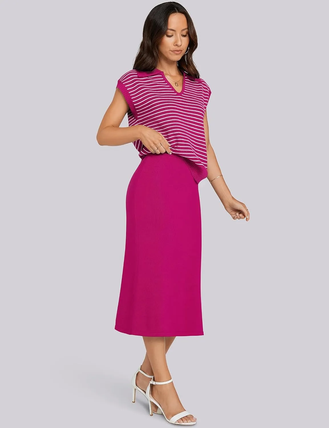 UEU Women's 2 Piece Outfits Sweater Skirt Sets 2025 Summer Trendy Casual Striped Vest Tops Tank Ribbed Knit Midi Dress
