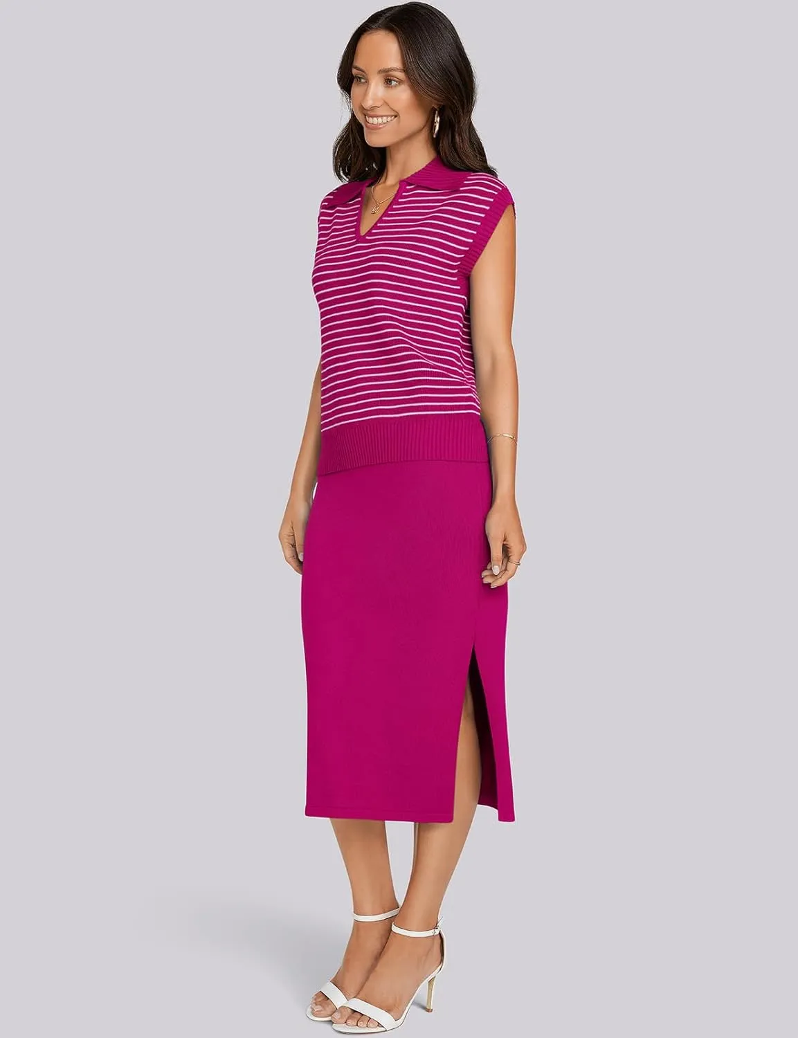UEU Women's 2 Piece Outfits Sweater Skirt Sets 2025 Summer Trendy Casual Striped Vest Tops Tank Ribbed Knit Midi Dress