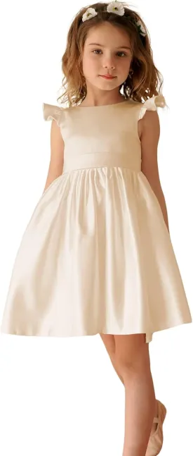 V-Back Satin Flower Girl Dress Girls Pretty Pageant for Wedding Guest First Communion Gown with Bowknot