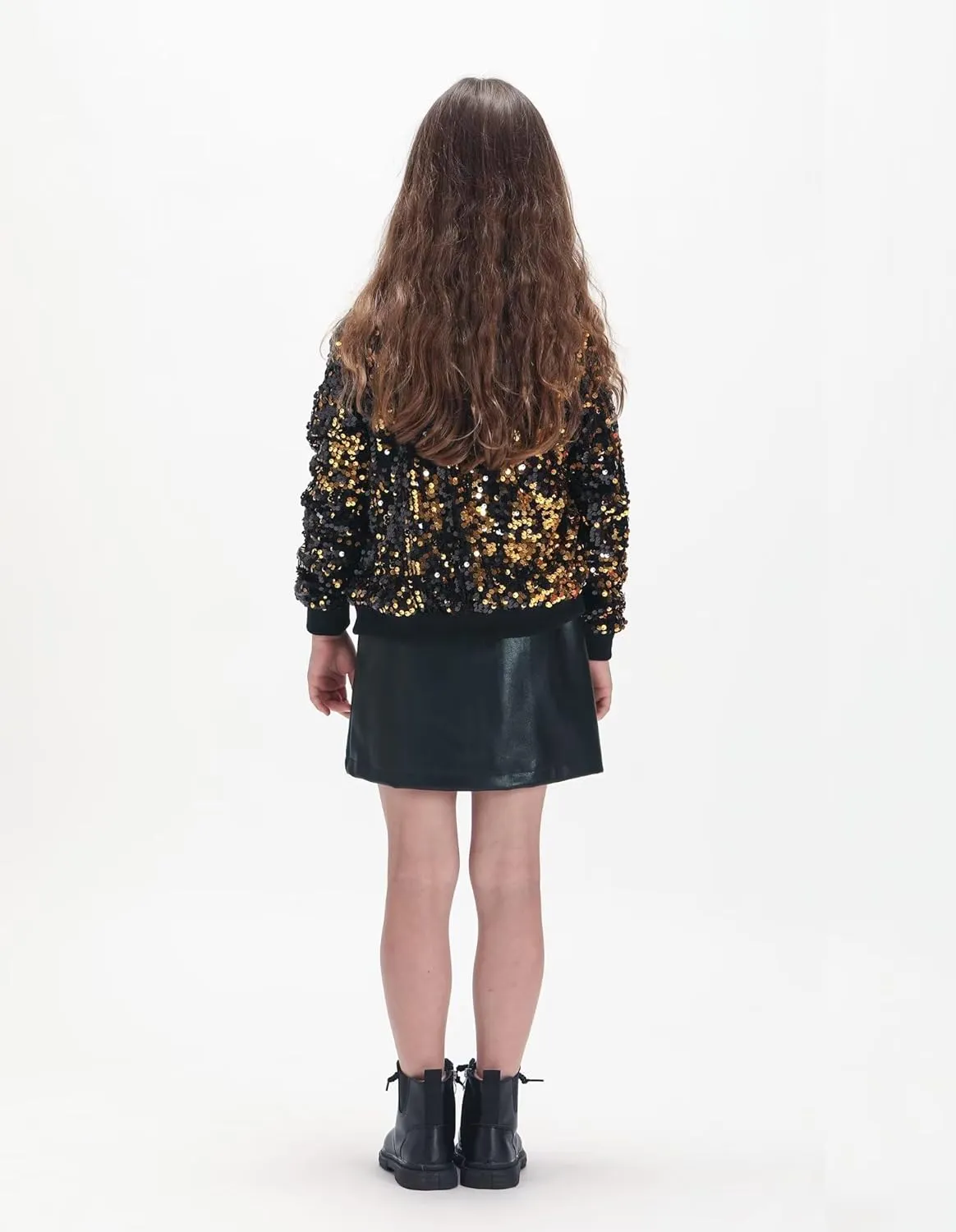 WELAKEN Girls' Ombre Sequin Bomber Jacket with Pockets Lightweight Sparkle Long Sleeve Zipper Gradient Jackets for Kid