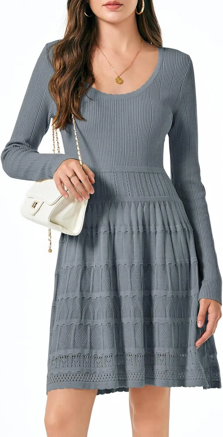 Wenrine Womens Long Sleeve Sweater Dress Knit Crochet Casual A Line Flowy Skater Mini Dresses