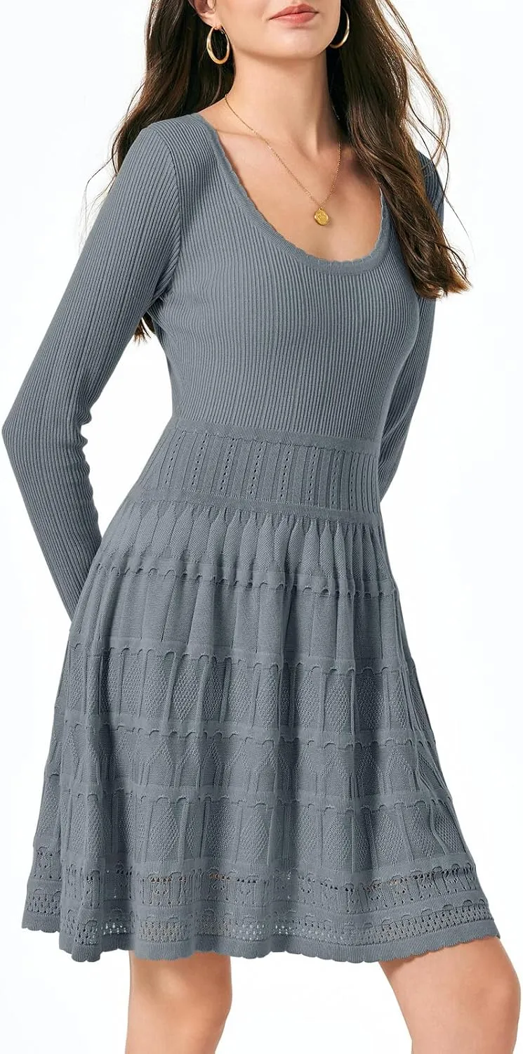 Wenrine Womens Long Sleeve Sweater Dress Knit Crochet Casual A Line Flowy Skater Mini Dresses