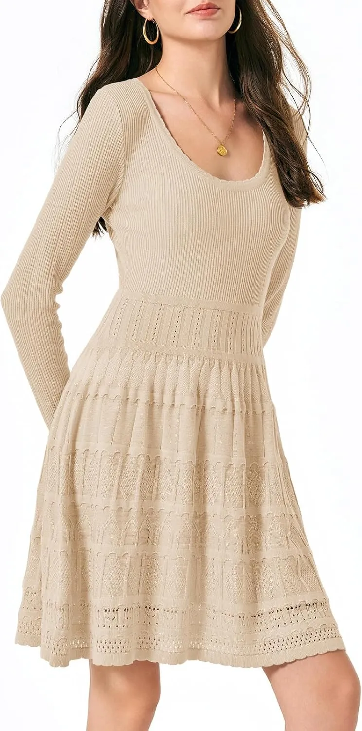 Wenrine Womens Long Sleeve Sweater Dress Knit Crochet Casual A Line Flowy Skater Mini Dresses