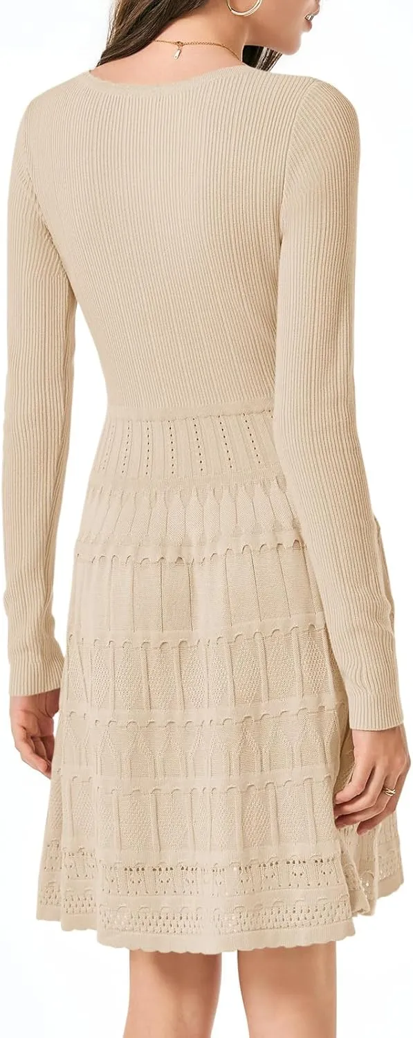 Wenrine Womens Long Sleeve Sweater Dress Knit Crochet Casual A Line Flowy Skater Mini Dresses