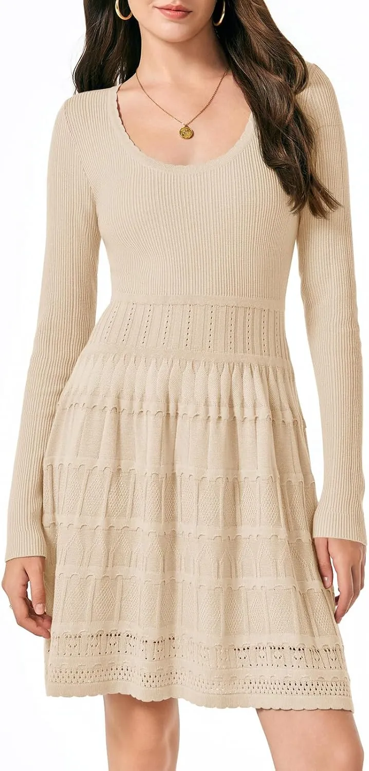 Wenrine Womens Long Sleeve Sweater Dress Knit Crochet Casual A Line Flowy Skater Mini Dresses