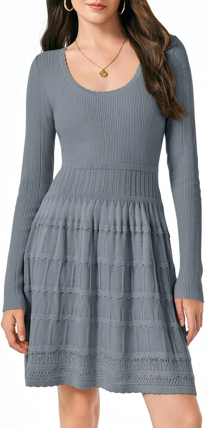 Wenrine Womens Long Sleeve Sweater Dress Knit Crochet Casual A Line Flowy Skater Mini Dresses