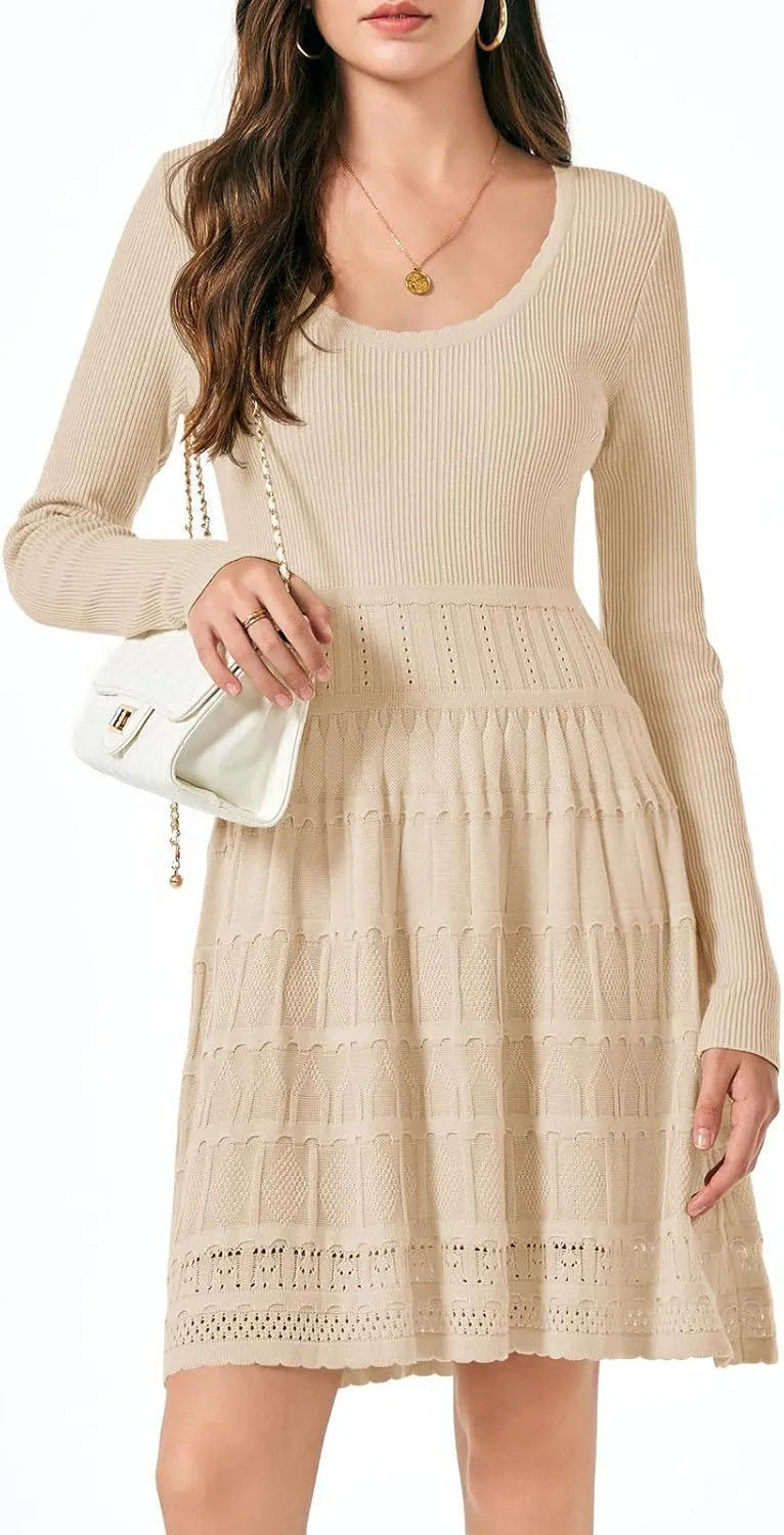 Wenrine Womens Long Sleeve Sweater Dress Knit Crochet Casual A Line Flowy Skater Mini Dresses
