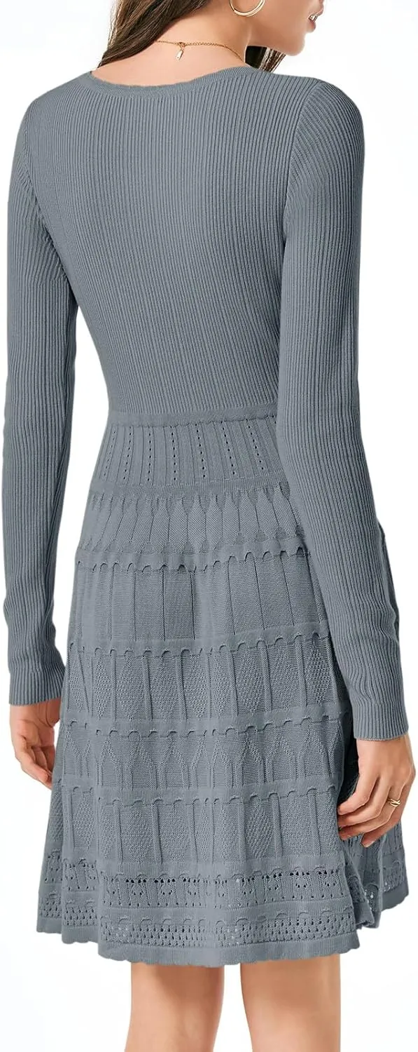 Wenrine Womens Long Sleeve Sweater Dress Knit Crochet Casual A Line Flowy Skater Mini Dresses