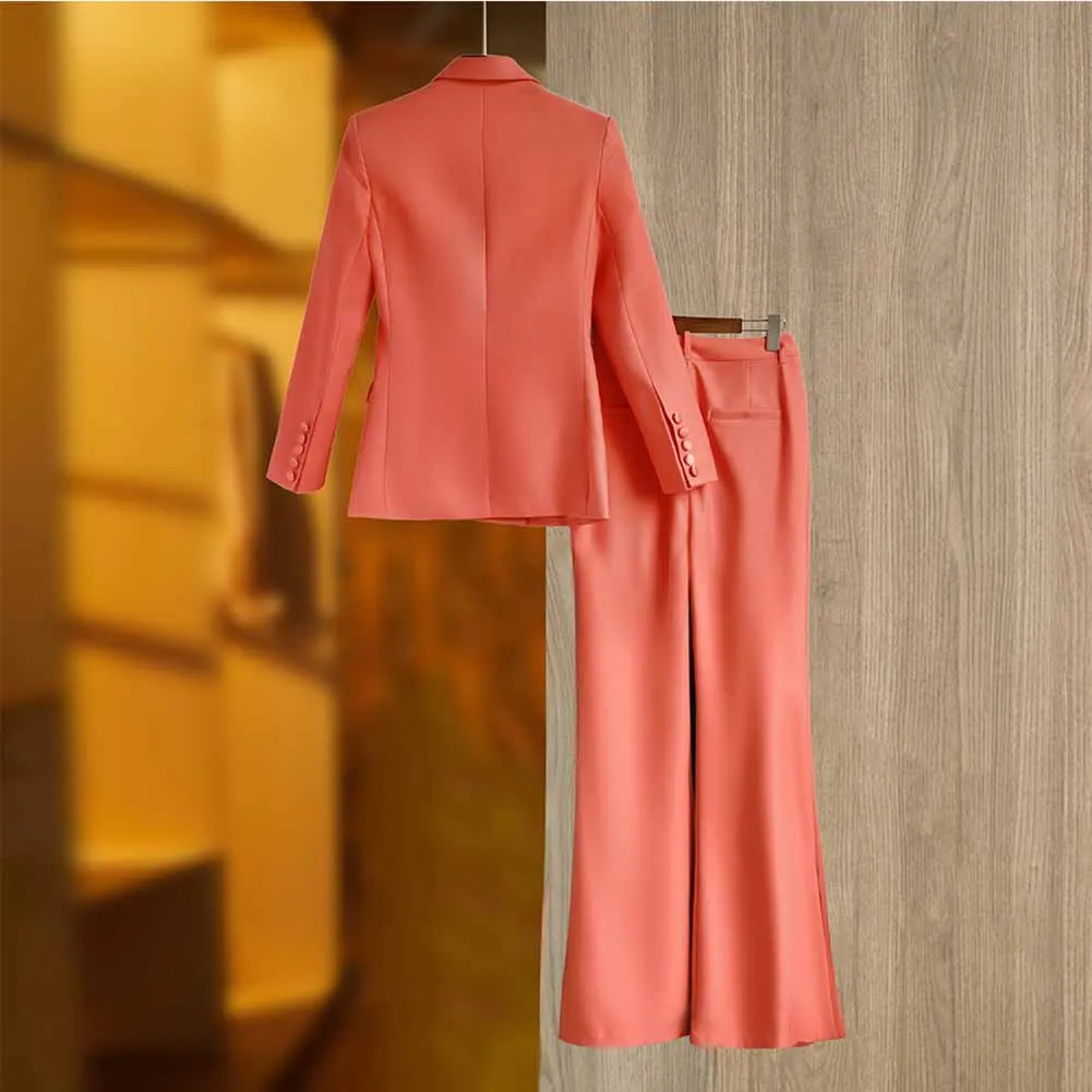 Women Coral Blazer   Mid-High Rise Flare Trousers Pants Suit Pantsuit Office Suit Formal Suit