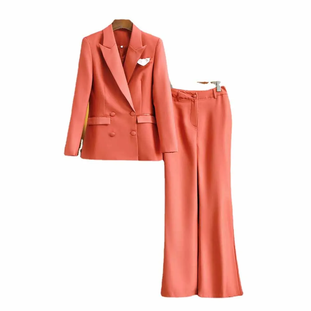 Women Coral Blazer   Mid-High Rise Flare Trousers Pants Suit Pantsuit Office Suit Formal Suit