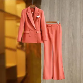 Women Coral Blazer   Mid-High Rise Flare Trousers Pants Suit Pantsuit Office Suit Formal Suit