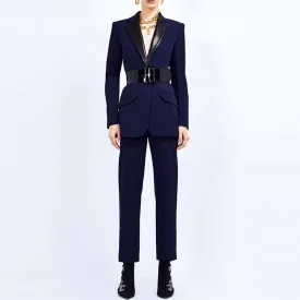 Women Dark Blue Pant Suits 2 Piece Fashion Suits with Belt Blazer Pant Formal Suits
