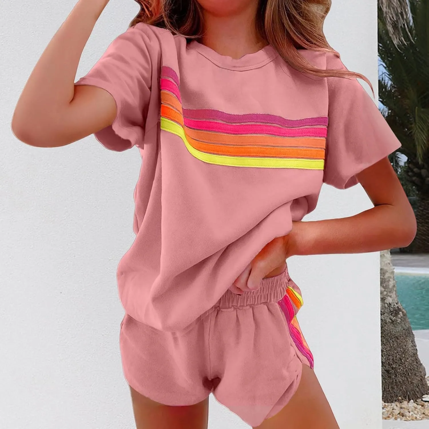 Womens 2 Piece Short Sets Casual Rainbow Striped Crewneck Short Sleeve Tops Elastic Shorts Outfits Lounge Tracksuits