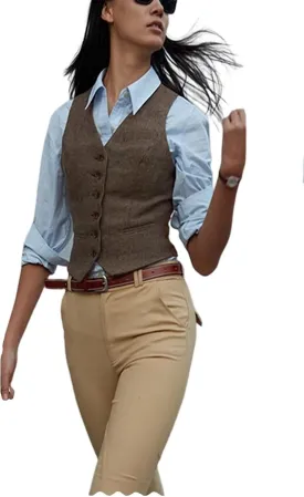 Women's Herringbone Tweed Waistcoat Slim Fit V-Neck Dressy Suit Vest
