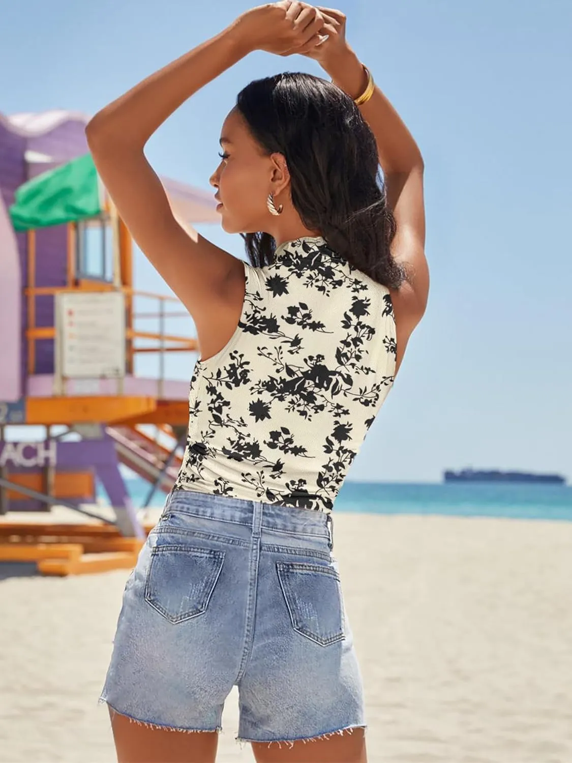 Women's Mesh Floral Tank Tops Sleeveless Mock Neck Sexy Going Out Shirts 2025 Trendy Summer Casual Outfits