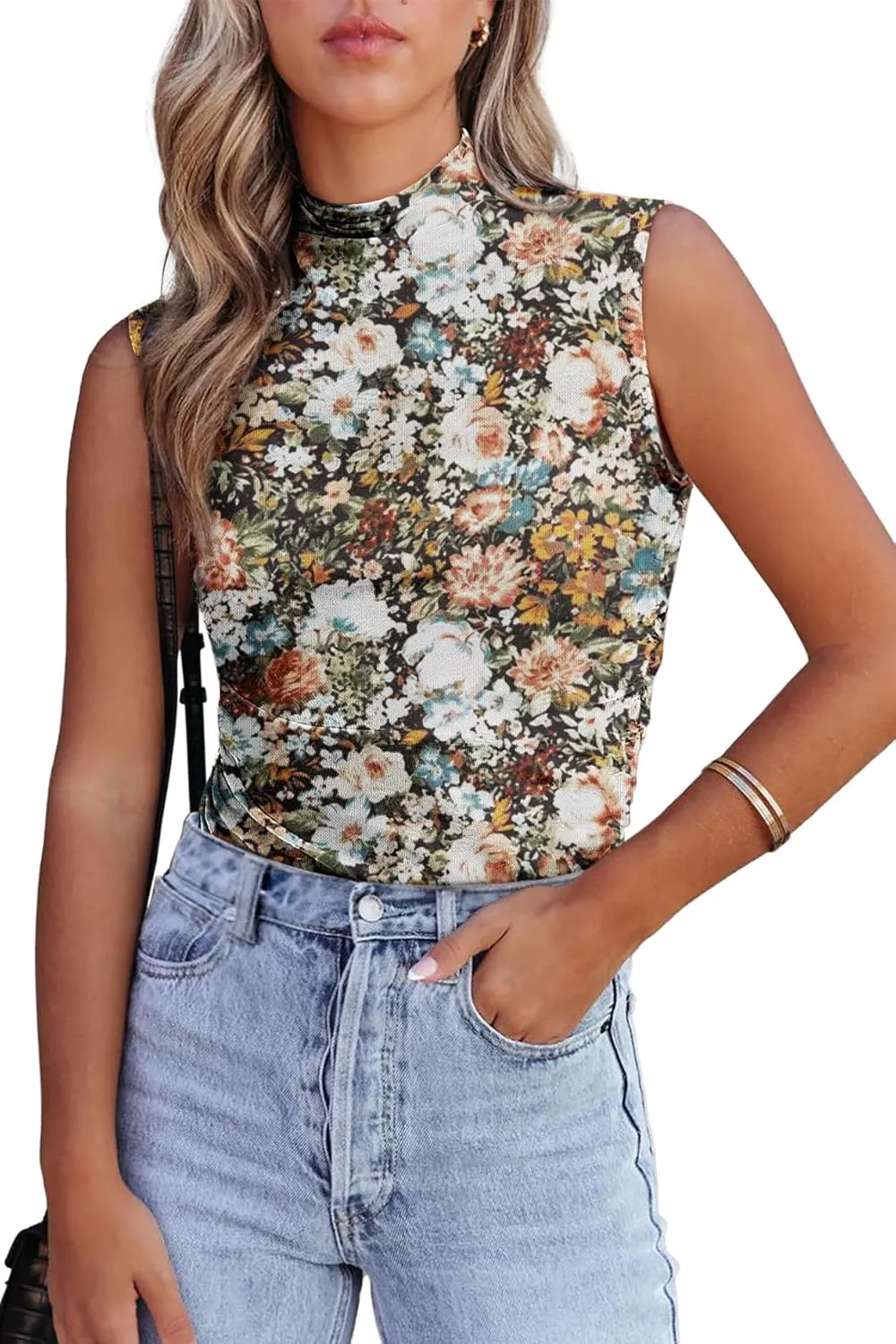 Women's Mesh Floral Tank Tops Sleeveless Mock Neck Sexy Going Out Shirts 2025 Trendy Summer Casual Outfits